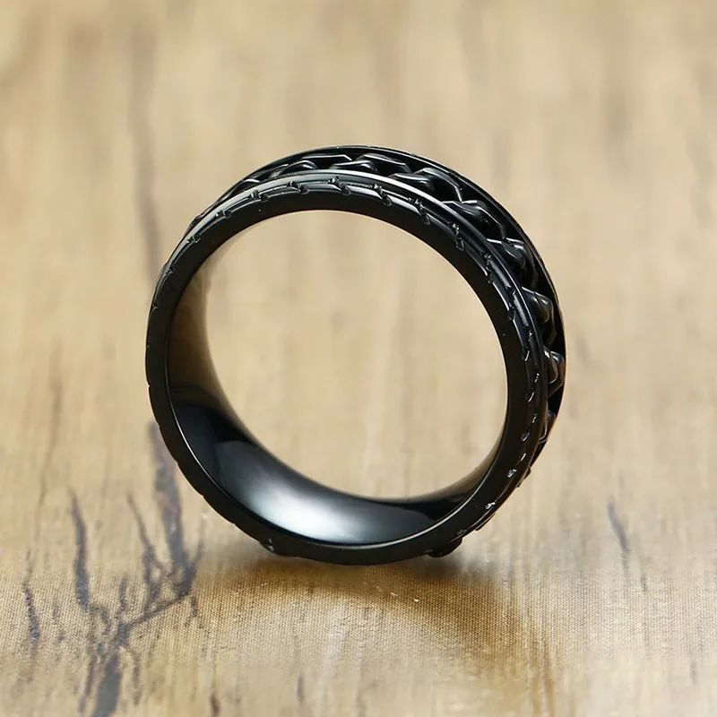 Punk Wheel Tire Desing Spinner Mens Chain Rings Stainless Steel Black Color Biker Hip Hop Bague Male Accessories | Украшения и