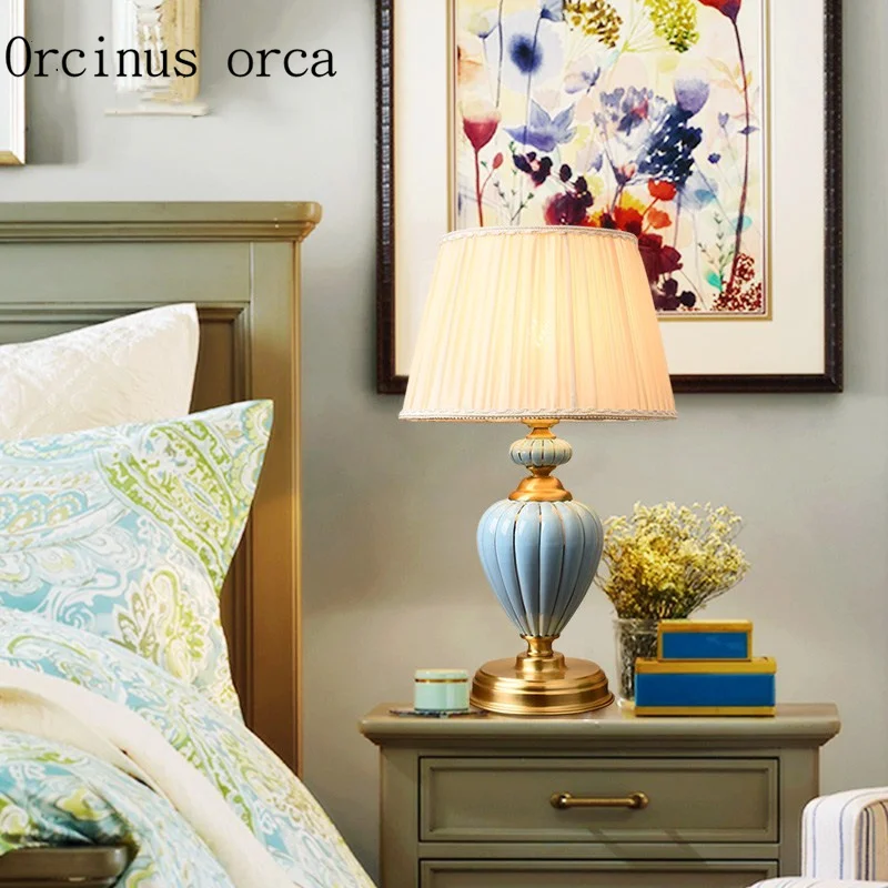 

American Pastoral blue ceramic lamp bedroom bedside lamp simple creative Jingdezhen copper decorative lamp free shipping