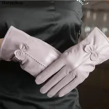 Кожаные перчатки из овчины, качественные женские перчатки из натуральной кожи с бантом, утепленные тонкие