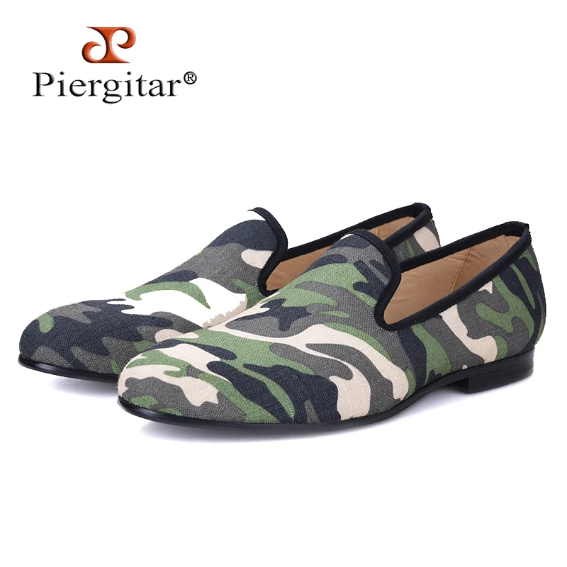 Piergitar British design classic-traditional loafers and military motif Camo print with leather insole men canvas casual shoes