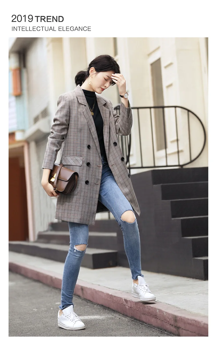 KoHuiJoo осень плюс размер Длинный блейзер женский свободный винтажный клетчатый пиджак Женский Повседневный Уличная куртки-блейзеры 3XL