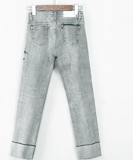 Casual Mezclilla Mujer Rectos Primavera Esposas De Gris Bordado Para Pantalones Agujero Rasgado Lavado Verano Vaqueros Slim TCq1xwfE