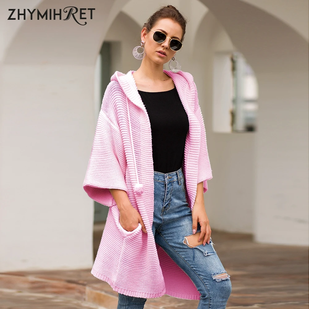 

ZHYMIHRET Autumn Winter Pink Sweater Women Hooded Cardigan Mujer With Pockets Loose Warm Knitted Sweaters Winter Clothes 2019