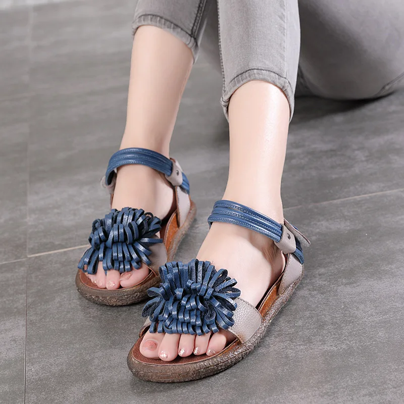 

2019 summer genuine leather handmade women sandals flat with retro casual sandal peep toe back strap Actmdall