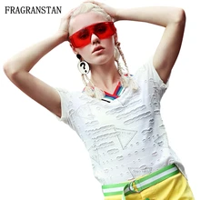 Женская летняя новая дизайнерская белая футболка с коротким рукавом с дырками, модная повседневная тонкая футболка с v-образным вырезом, хлопковый топ с надписью Y101