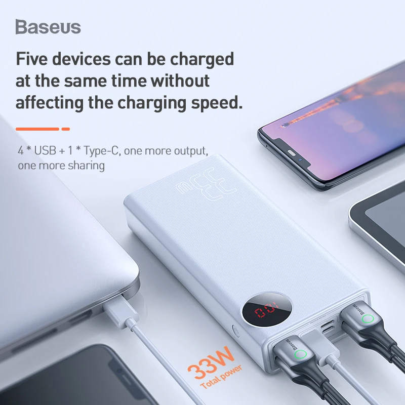 Baseus 30000 мАч портативное зарядное устройство для мобильного телефона, зарядное устройство для iPhone XR Xiaomi Mi с 4USB type C PD QC3.0 светодиодный зарядное устройство
