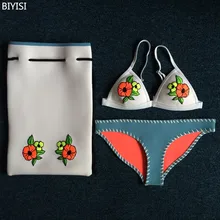 BIYISI 2017 Handmade Knitted Crochet Neoprene Bikini Set Swimwear Bikini Bathing Suit Swimsuit Embroidery Bikini Free Shipping