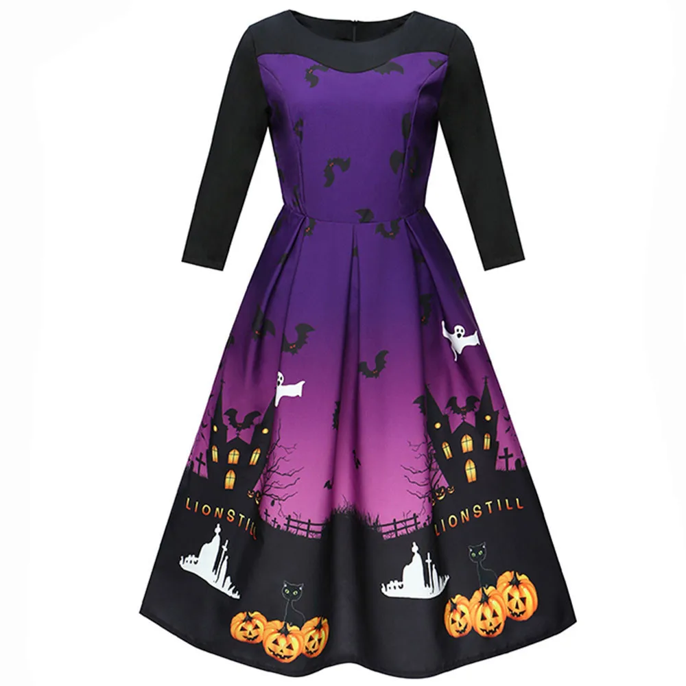 

Fashion Summer Dress Female Women Halloween Printing Three Quarter Casual Evening Party Prom Swing Dress Elbise Robe Vestidos