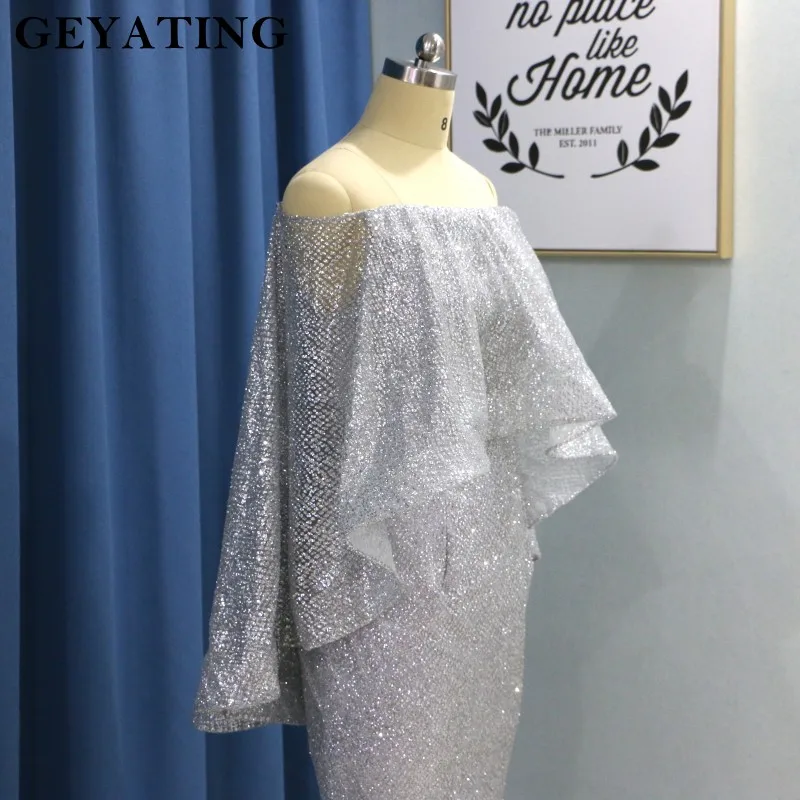 Блестящее серебряное длинное вечернее платье с блестками в арабском стиле, с накидкой, лодочкой, с открытыми плечами, Дубай, платья для выпускного вечера, Марокканское платье-кафтан