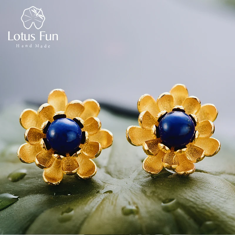 Lotus весело Настоящее стерлингового серебра 925 природных lapiz ручной работы Fine Jewelry