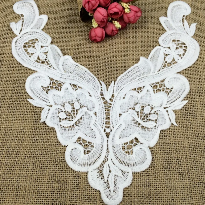 1 Embroidered White Color Cotton Lace Neckline Collar Applique Motif