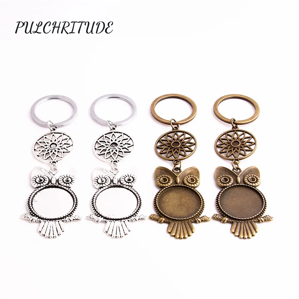 

PULCHRITUDE Metal Alloy Two Colors 3pcs Key Chain Dream Catcer Owl Charm Fit 25mm Cabochon Setting Diy Jewelry Making C1610