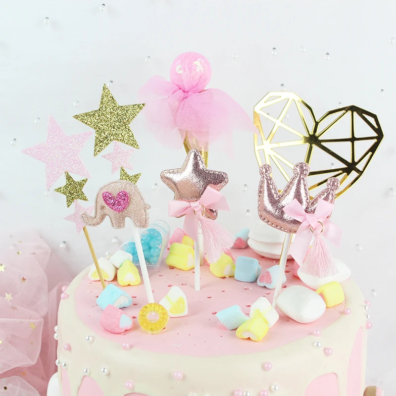 

CEVENT Pink Heart Crown Cake Toppers For Baby Shower Girl Birthday Wedding Party Decoration Birthday Cake Decoration Supplies