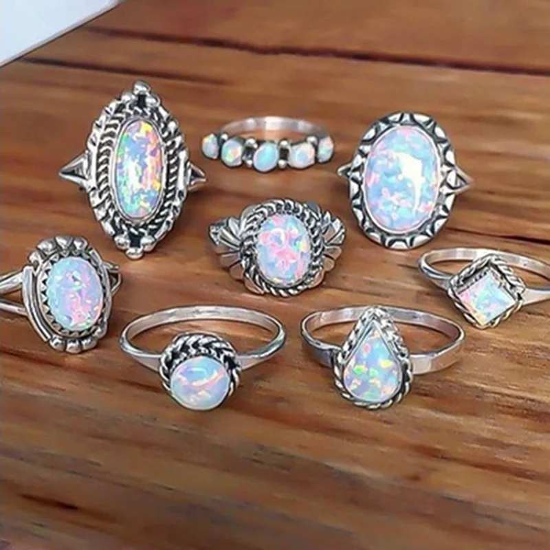 

2018 New Fashion Style Bohemia Tibetan Stone Opal Rings Set For Woman Bijoux Silver Color Flower Elephant Ring Vintage Jewelry