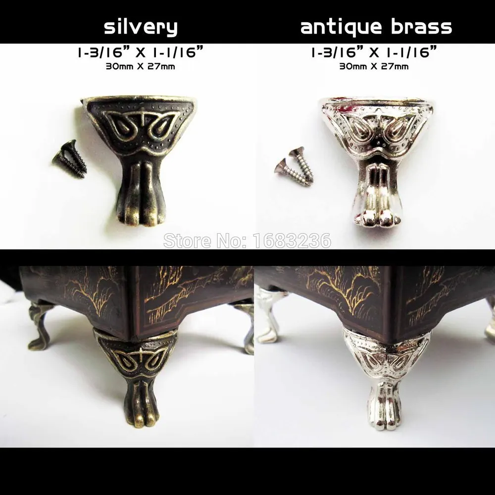 

4pcs Antique Brass Silvery Vintage Bronze Jewelry Chest Box Wooden Case Decorative Feet Leg Metal Corner Protector With Screws
