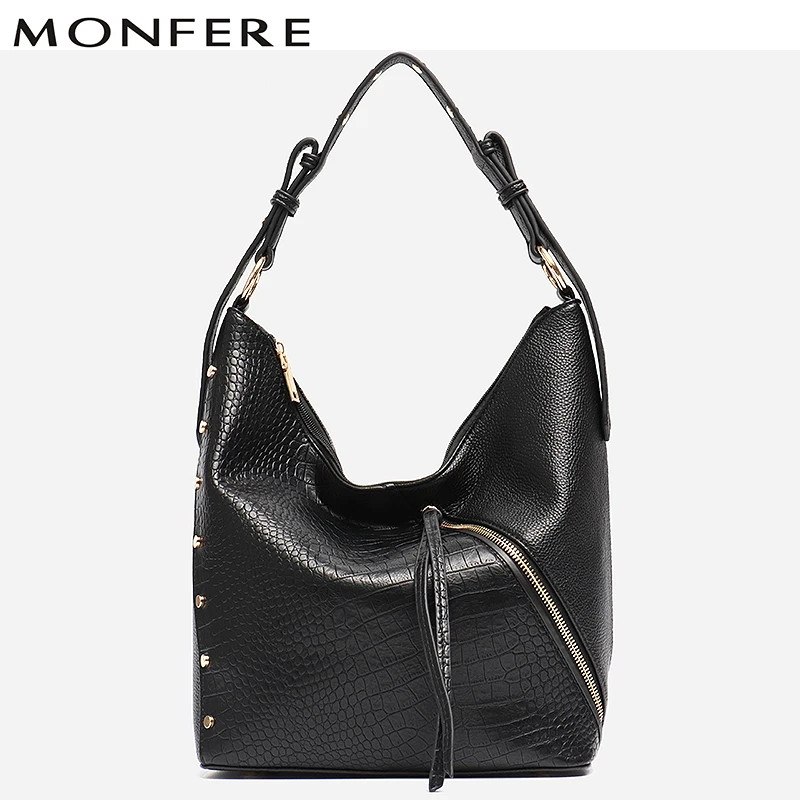 

MONFERE Lady Hobos Vegan Leather Women Top-handle Bag Snake Patchwork Zipper Totes Famous Brand Design Cross body Bag Daily Bag