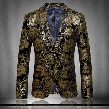 

Male blazer jackets Fashion Printing gold blue prom party singer Coats Nightclub Performance Outfit DJ DS show Clothing