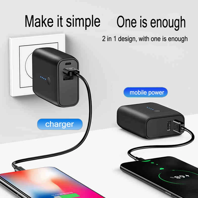 

2 in 1 fast charging travel charger for iphone samsung xiaomi huawei mobile phone charger with power bank 5000 mah usb connector