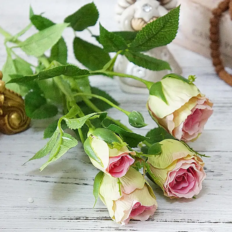 4 головки Декоративные искусственные розы ветка шелк+ пластик Флорес имитация цветка розы для дома свадебное украшение для гостиницы Роза - Цвет: pink green