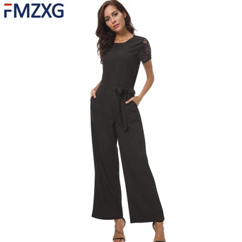 

Formal Black Red Wide Leg Jumpsuit Romper OL Women Elegant Spliced Lace Sleeve Belt Jumpsuit Romper Split Casual Femme Autumn
