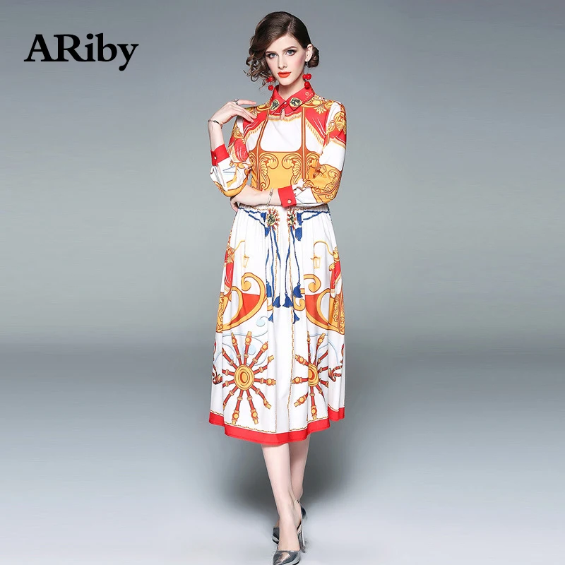 Women Dress Long Maxi Dress 2019 Spring Fashion Vintage Temperament Printed Lapel Slimming Nine-sleeved Mid-Calf A-Line Dresses