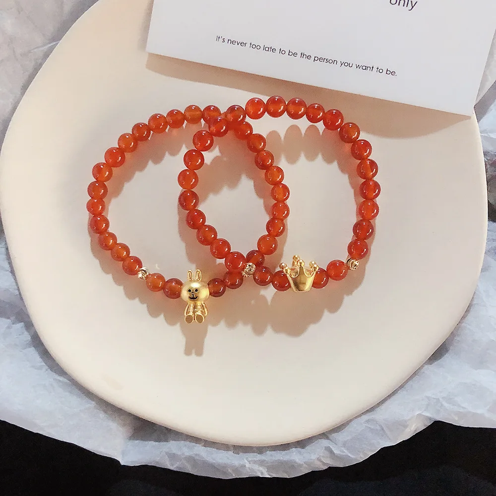 Natural Stone Crown Rabbit Bunny Charm Gold Bracelets & Bangles for Women Beads Handmade Charm Crystal Bracelet Boho Jewelry B53