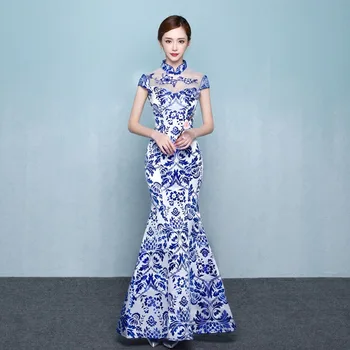 

Blue White Porcelain Chinese Traditional Evening Gown Fashion Mermaid Long Modern Qipao Cheongsam Oriental Dresses Custom
