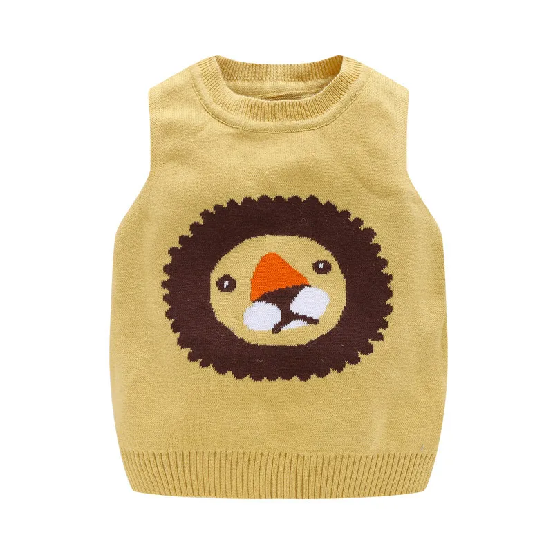 Khaki Yellow Детский свитер-жилет с рисунком льва теплый вязаный детский жилет для мальчиков, хлопковый мягкий свитер-жилет для девочек весенне-осенняя одежда для маленьких мальчиков - Цвет: Khaki Yellow
