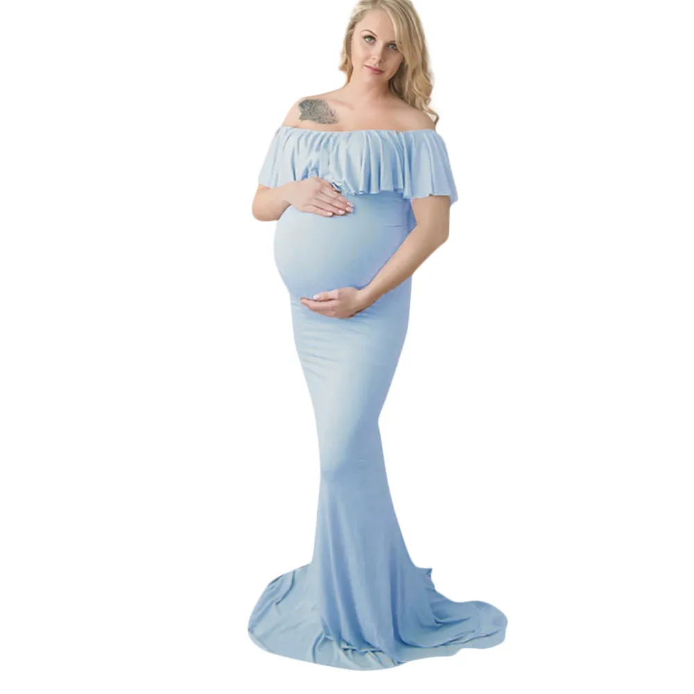 Summer Women Pregnant Off Shoulder Props Nursing Solid Pregnant Long Dress Woman One-Neck Collar Ruffled Photography Tail Dress 100%real luxury light grey flower leaf embroidery slash collar ruffled long medieval dress victorian cosplay seashore photoshoot