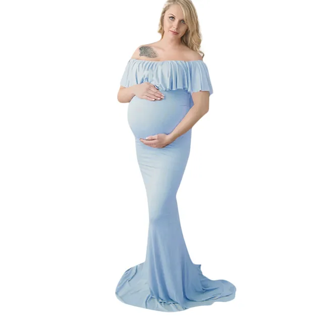 Summer Women Pregnant Off Shoulder Props Nursing Solid Pregnant Long Dress Woman One-Neck Collar Ruffled Photography Tail Dress