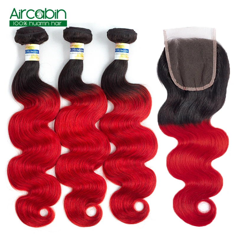 Ombre Peruvian Body Wave 3 Bundles with Closure Pre-Colored T1B/Red Dark Roots Non Remy Human Hair Extensions AirCabin Ombre Peruvian Body Wave 3 Bundles with Closure Pre-Colored T1B/Red Dark Roots Non Remy Human Hair Extensions AirCabin