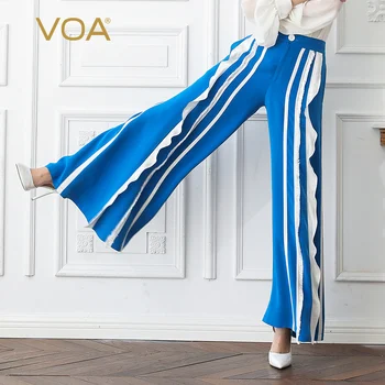 

VOA Heavy Silk Wide Leg Pants Blue School Uniform Pants Women Long Trousers Stripe Sweet Cute Plus Size 5XL Loose Summer K566