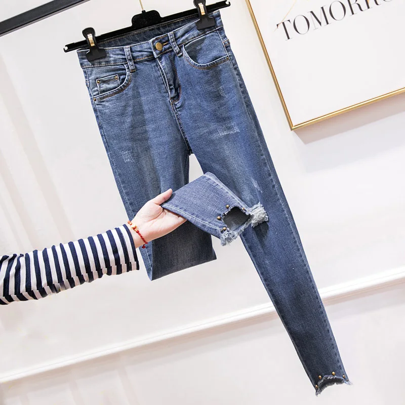 New 2018 Spring Summer Stretchy Blue Hole Ripped Jeans