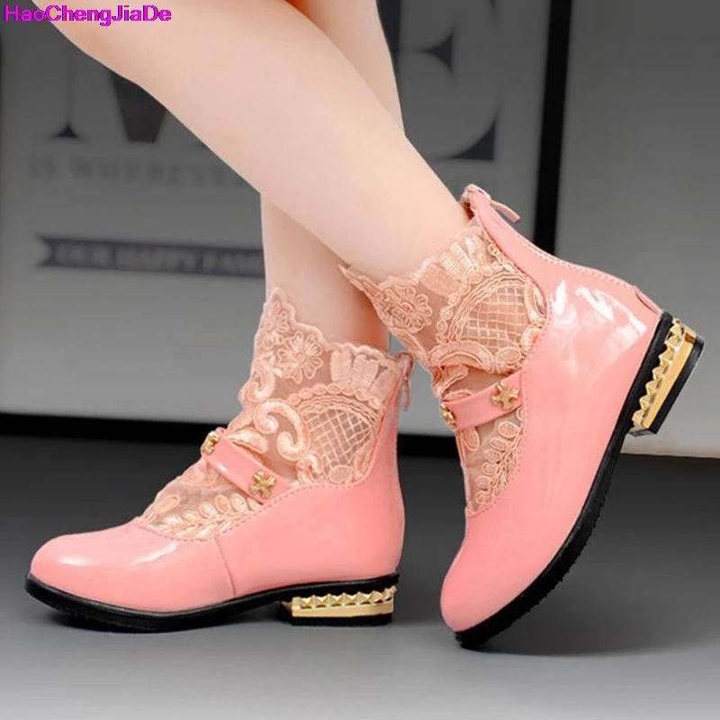 

HaoChengJiaDe New Autumn Girls Lace Hollow PU Leather Martin Boots Fashion Brands Comfy Ankle Baby Boots Sweet Kids Girl Shoes