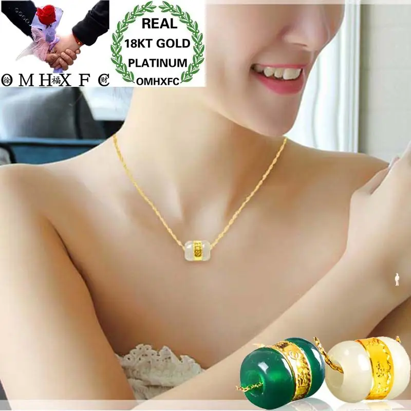 

OMHXFC Wholesale European Fashion Woman Unisex Party Birthday Wedding Gift Green White Jade 18KT Real Gold Charm Pendant PN114