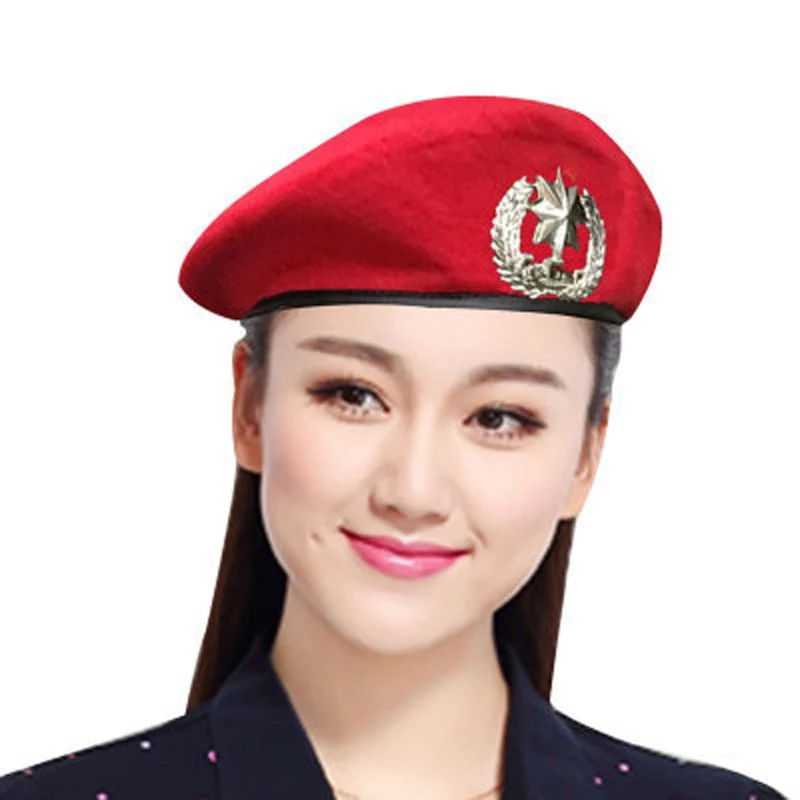 High-Q Men Women Wool Felt Berets Metal Badge Decor Sailors Dance Performance Hat Trilby Military Fans Army Cap Adjustable 2