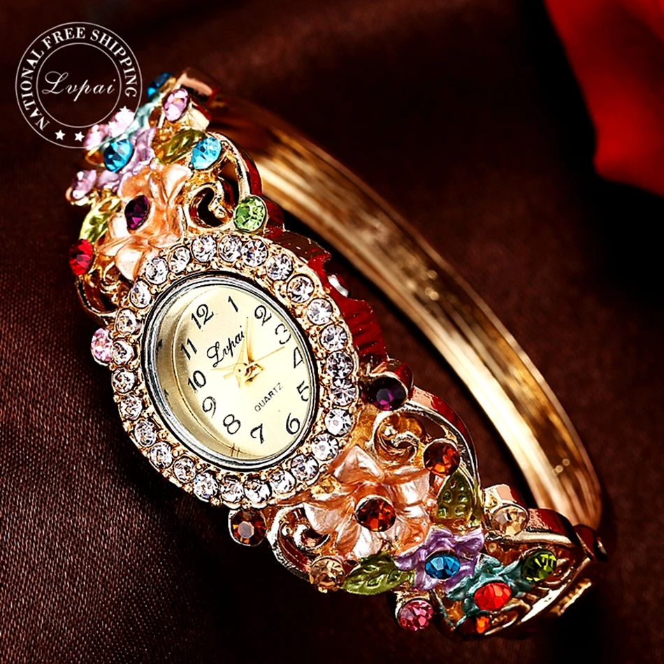 

Lvpai Brand Gold Fashion Bracelet Watch Women Multicolor Fashion Hollow Flower Quartz Wristwatch Rhinestone Casual Watch LP018