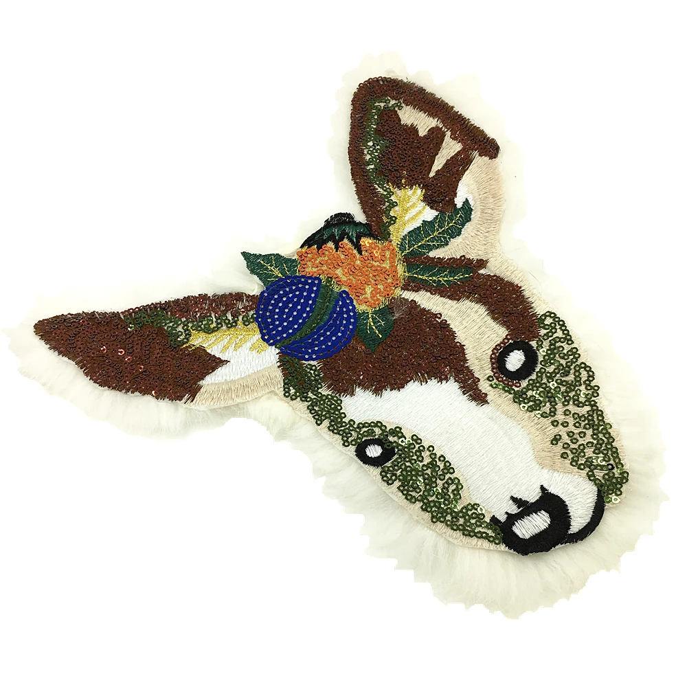 27x27cm Fur Embroidered Deer Head Patch Sequin Beaded Animal Applique