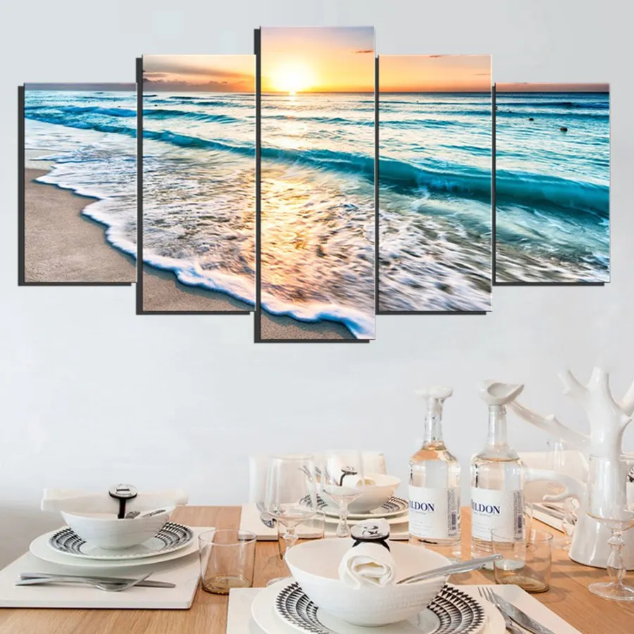 5 Panels Wall Art Sunset Beach Canvas Prints Sea Wave Seascape Pictures