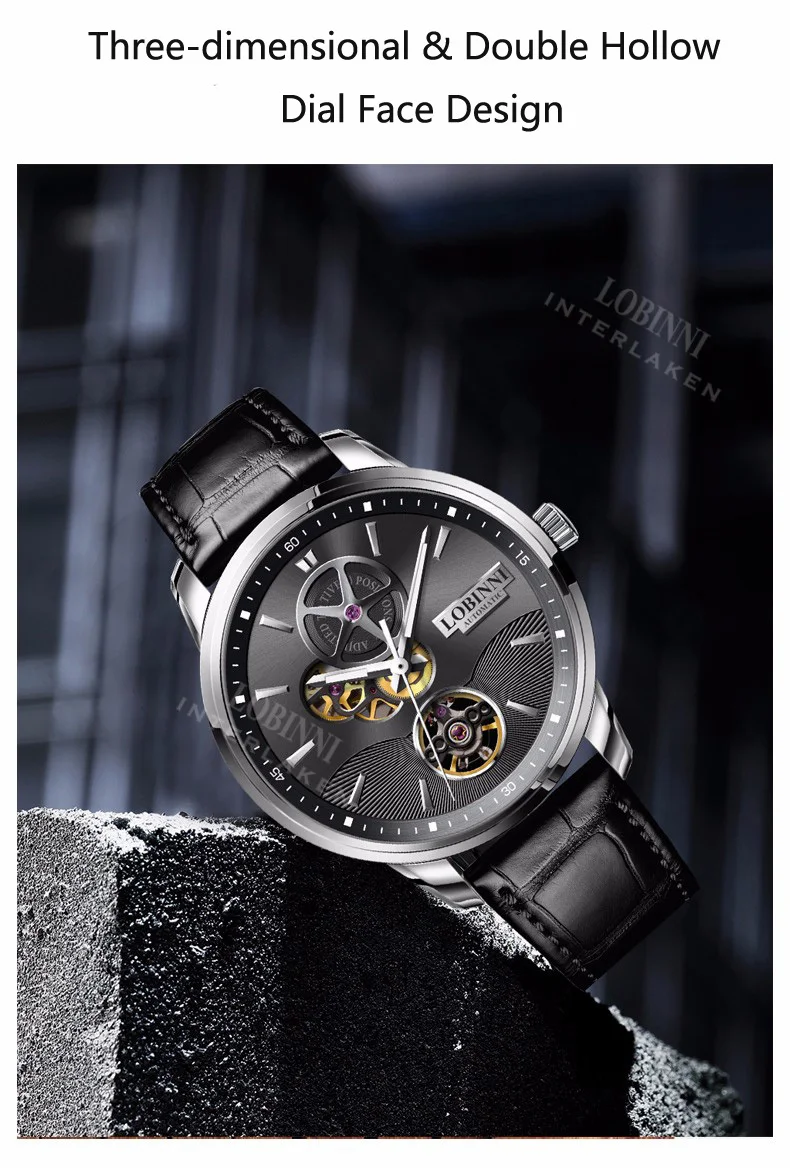 Новые швейцарские роскошные Брендовые мужские часы LOBINNI сапфировые автоматические механические часы Мужские Двойные полые 50 м