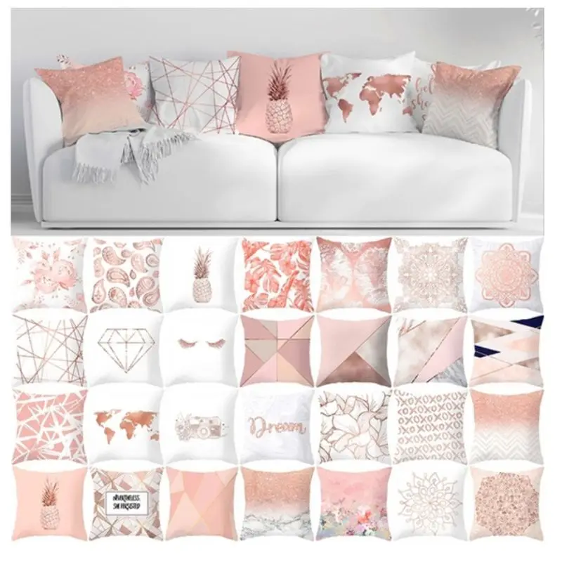 

Modern Minimalist Peach Velvet Throw Pillow Case Home Geometric Floral Printed Rose Gold Pink