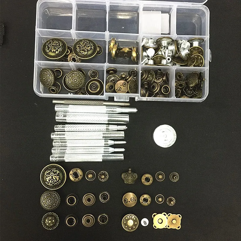 

48sets Metal Snap Fastener Press Stud Buttons Poppers Leather Craft Magnet Button Jeans Button for Clothing Sewing+9pcs Tools