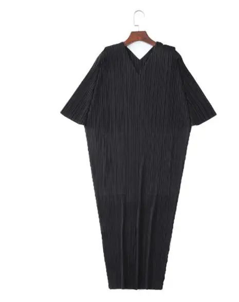 Miyake fold v-образным вырезом Платье зеленое свободное плюс размер Плиссированное Платье для похудения темперамент Женский длинный раздел