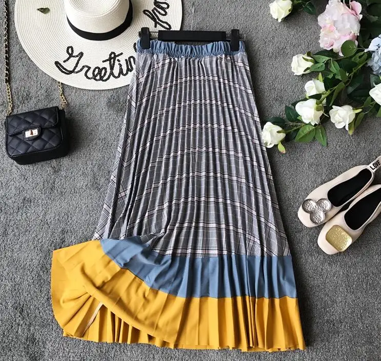 

Spring Summer women's plaid skirt female summer elastic high waist casual contrast color checked skirt TB1325