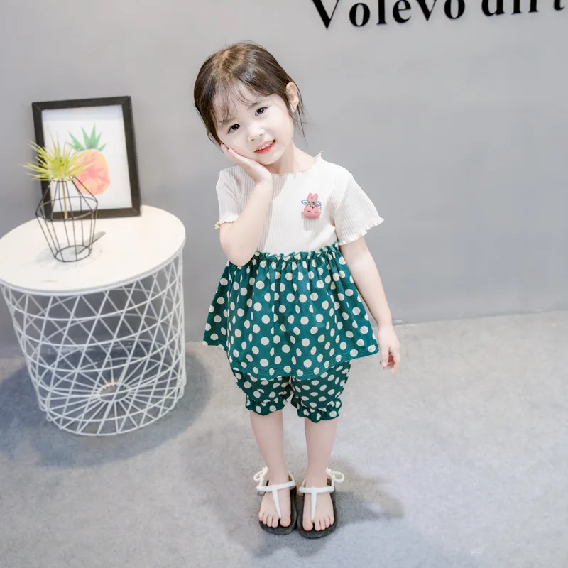 

2 Pcs/set Baby Girls Cute Retro Fashion Korean Summer Suit 2019 Girls Wave Point Short Sleeve Shirt + Pants Set