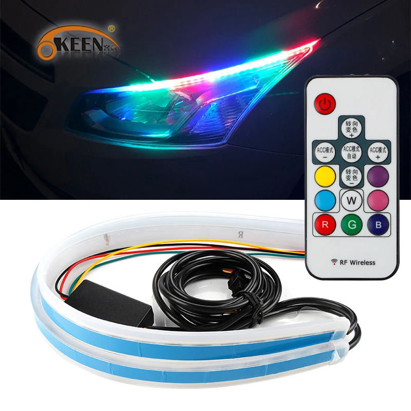 

OKEEN 2pcs Car Styling LED DRL RGB Daytime Running Light Strip with Remote Control Turn Signal Guide Strip Headlight Assembly
