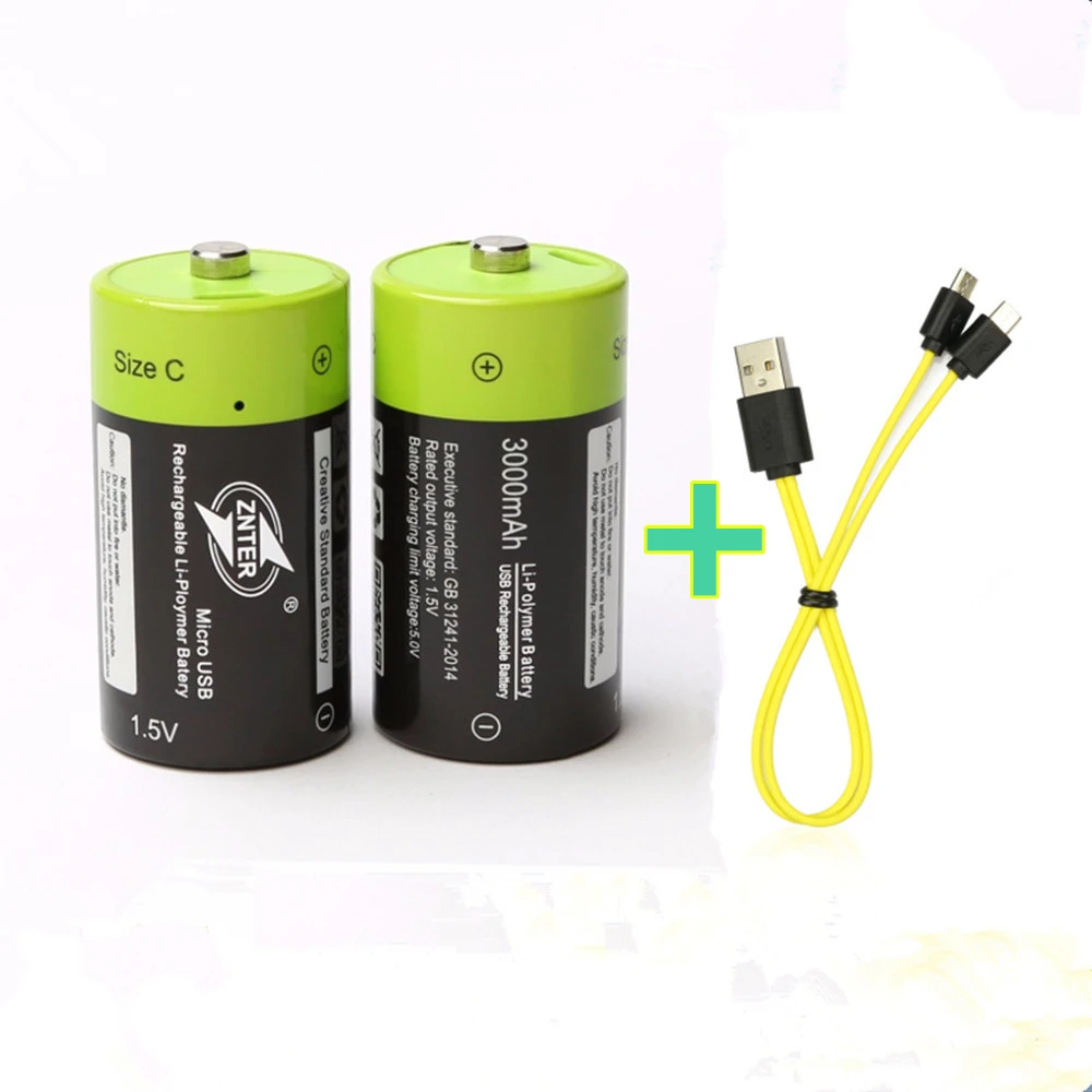 

2PCS New Products ZNTER 1.5V 3000mAh Rechargeable Lithium Polymer Battery USB Battery C Size + Micro USB Charging Cable