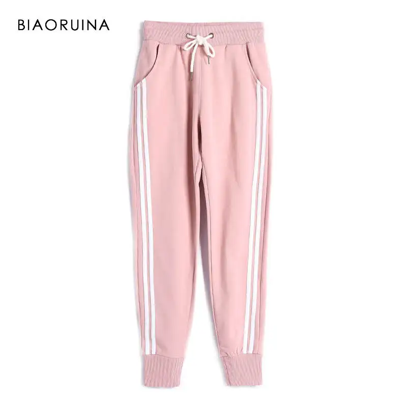 BIAORUINA, женские модные полосатые брюки-карандаш, эластичные, с завязками на талии, женские повседневные штаны в Корейском стиле, штаны для активного отдыха - Цвет: Розовый