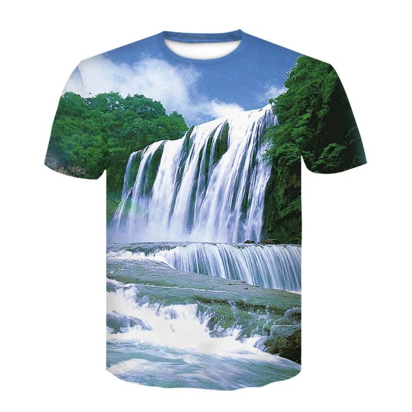 New summer landscape design T-shirt 3D waterfall cool and thin men women half sleeve round collar | Мужская одежда