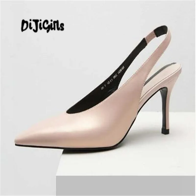 DIJIGIRLS full grain leather pointed toe stiletto thin high heels women pumps elastic band European summer shallow shoes